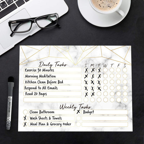 Dry Erase Whiteboard Task Planner, Removable Adhesive Decal, Fine-Tip Magnetic Marker Included (9 x 12 in, Marble)