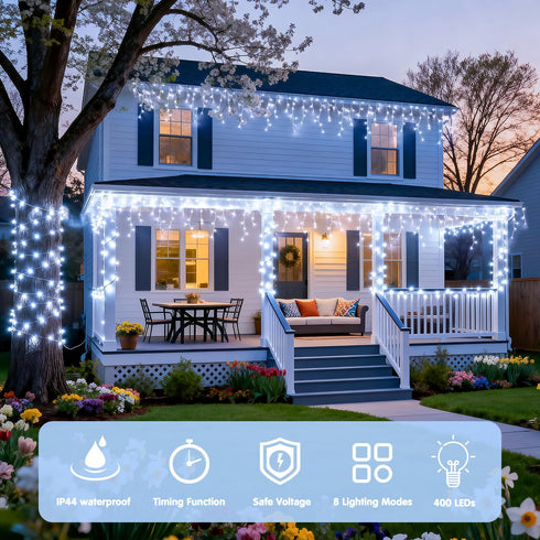 400 38.8ft JMEXSUSS LED White Christmas Icicle Lights, Connectable Icicle Lights for Outside Outdoor Indoor Plug