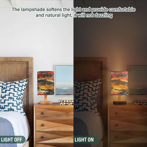 YANENDIE Traditional Ethnic Flowers Bedside Table Lamp, Nightstand Lamp with Linen Fabric Shade - Wooden LED Desk Lamps
