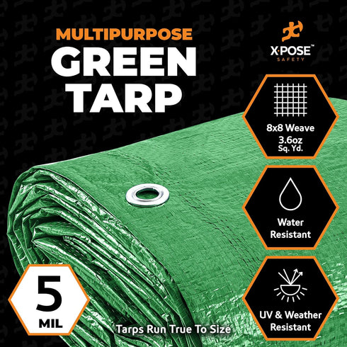 Multipurpose Protective Cover Green Poly Tarp 10' x 16' - Durable, Water Resistant, Weather Resistant - 5 Mil Thick Polyethylene - by Xpose Safety by Xpose Safety