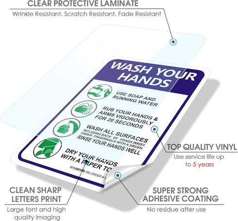 Hand Washing Sticker, 10 Pack 10" x 7" Decals, Please Wash Your Hands Self-Adhesive Vinyl Sign for Indoor & Outdoor