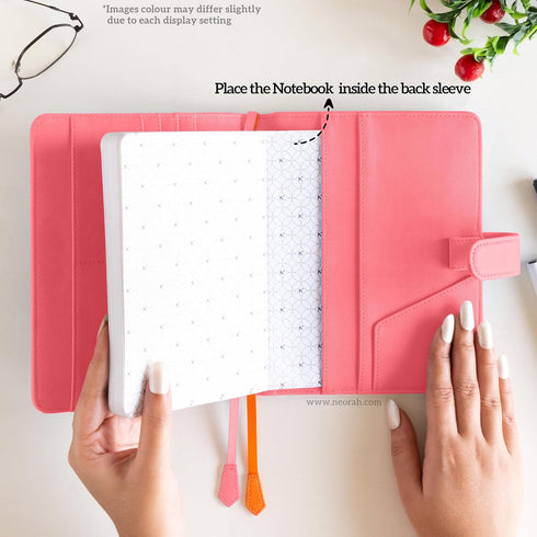 NEORAH B6 Notebook Sleeve with Loop + Dotgrid Journal, Faux Leather Sleeve with Penloop, 6 Card Slots, PINK