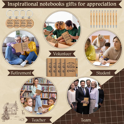 Cholemy 90 Pcs Employee Appreciation Gifts, Retractable Motivational Bamboo Pens, Kraft Notebooks with Keychain