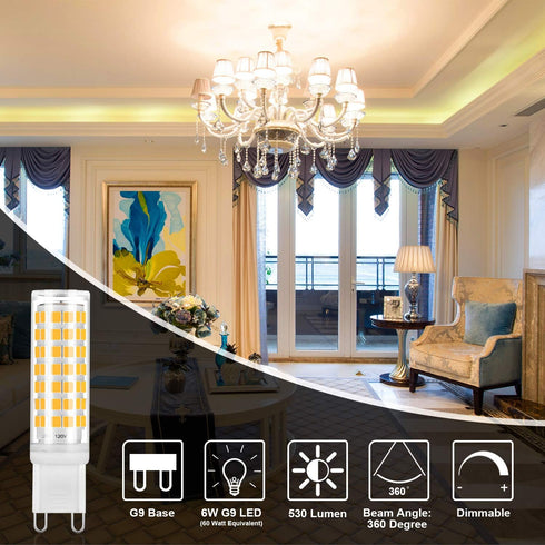 G9 Bulb Dimmable 6W 3000K, T4 G9 Bulbs 120V 530LM, 50W 60W Bulb G9 Bulbs 6 Pack YUIIP LED Warm White Ceramic Bi-pin