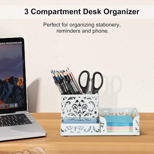 EasyPAG Desk Organizer with 3 Compartment for Pencil, Sticky Note Holder, and Office Accessories, White