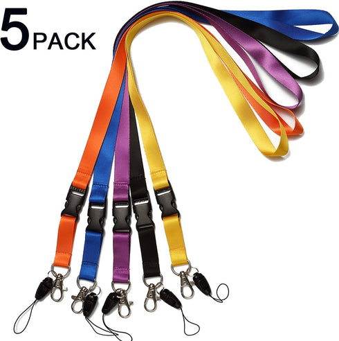 YOUOWO 5 Pack Nylon Neck Lanyards with Detachable Buckle, Breakaway Strap for ID Badge, Key, Phones, USB, Black, Blue,