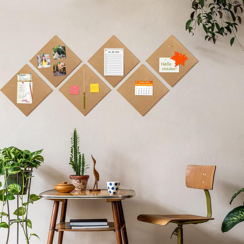 TUPARKA 6 Pack Cork Board 12"x12" - 1/4" Self-Adhesive Corkboards with 100 Push Pins for Wall Decor