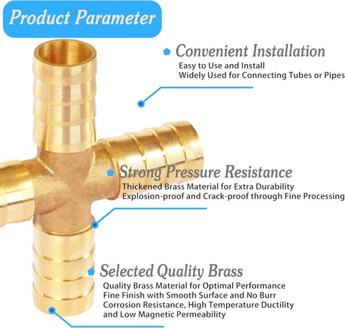 Brass Hose Barb 4 Way Fitting 5/16" (8mm) Barb Splicer with Stainless Steel Pipe Clamps for Air Hose Repair