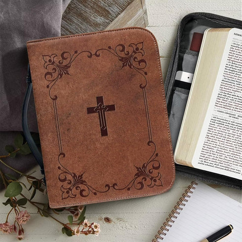 Classic Crosses Bible Covers, PU Leather Waterproof Bible Case with Handles for Study Bible Carrying - 2XL