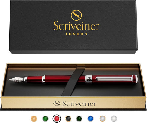 Scriveiner Deep Crimson Red Fountain Pen, Luxury Pen with Chrome Finish, Schmidt Nib (Medium), Best Gift Set for Men &