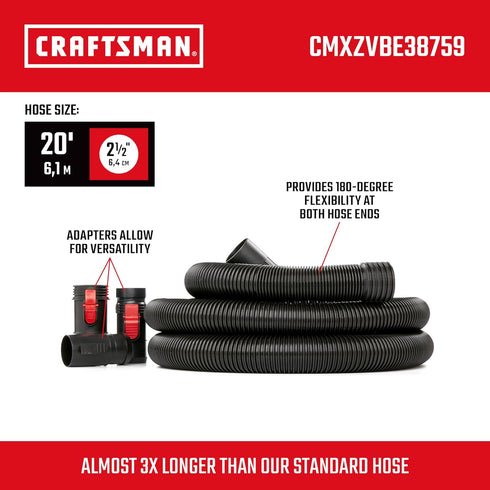 CMXZVBE38759 2-1/2 20 2-1/2 CRAFTSMAN in. x ft. POS-I-LOCK Wet Dry Vac Hose Attachment Kit, Industrial-Grade Shop