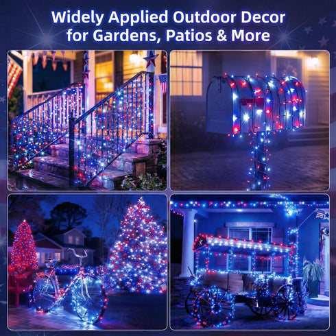 46FT 120LED 8 4th Solar Red White Blue String Lights Patriotic Light with Modes Waterproof Solar Powered Outdoor Lights