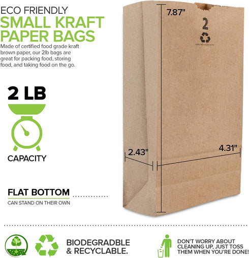 2 Lb (250 Count) Packing Pack, Stock Your Home Kraft Small Brown Paper Bags Mini Size Bag for Breakfast Food, Snack