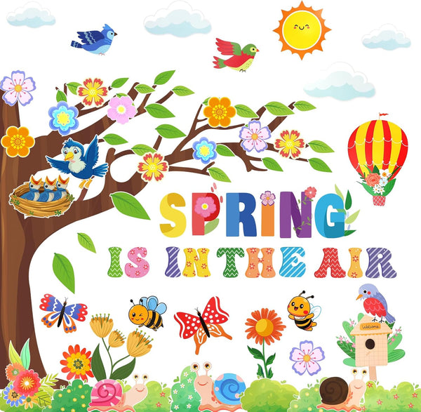 HOWAF 96 Pcs Spring is in The Air Bulletin Board Decorations, Colorful Flower Cutouts for Classroom Border Decor