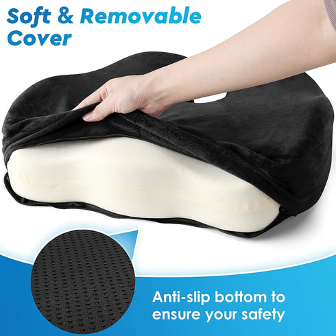 Seat Cushion for Office Chair, Anti-Slip Bottom & Removable Cover, Memory Foam Tailbone Pain Relief Cushion in Black