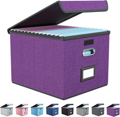 Upgraded File Organizer Box with Lid, Huolewa Collapsible Linen Hanging Filing & Storage Box for Office/Decor