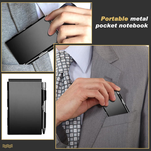 Chinco 4 Pieces Metal Pocket Notebook, Portable Aluminum Notepad, Refillable with Mini Pen and Paper for Note Jotting