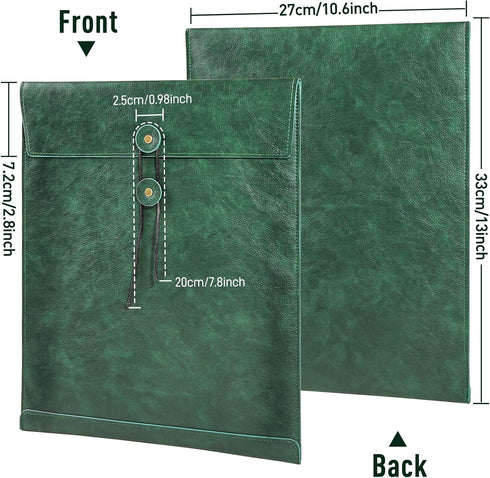 Green A4 PU Leather File Folders - 3PCS Document Organizer with String Tie Closure, Laptop Sleeve Notebook Case
