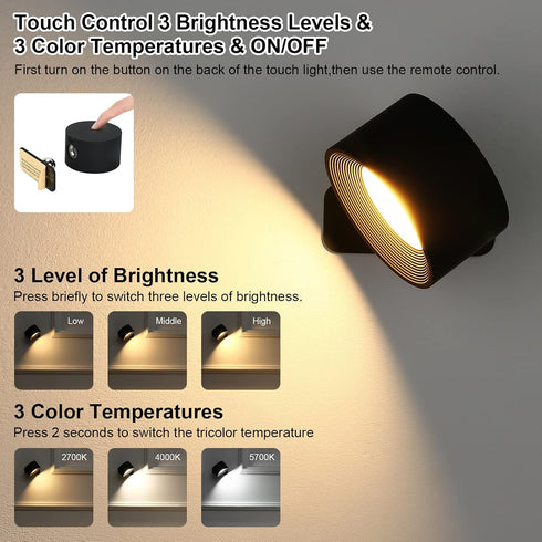 2PC 19 Dimmable 5000mAh 360Rotate Lightess LED Wall Sconces, Colors Wall Mounted Lamp with Rechargeable Battery