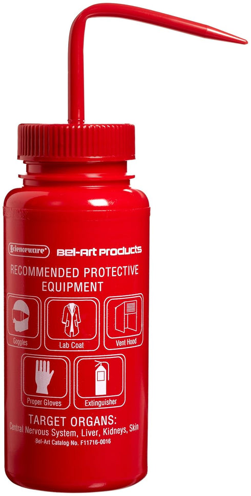 SP Bel-Art Safety-Labeled 4-Color Toluene Wash Bottles, 500ml Polyethylene with Red Cap (Pack of 4)