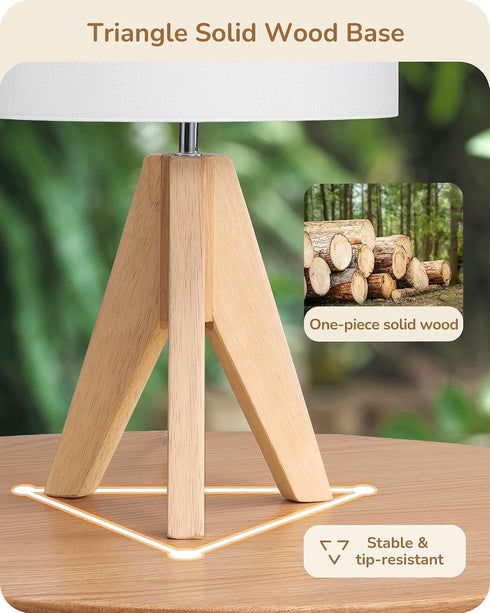 14.2 Inch, EDISHINE Small Cute Table Lamp, Wood Tripod Nightstand Lamp, Mid Century Bedside Lamp with Linen Fabric