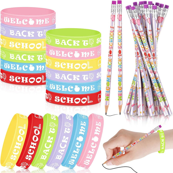 Sabary 48 Pcs Welcome Back to School Pencils, Rubber Bracelets, School Party Favors for Kids