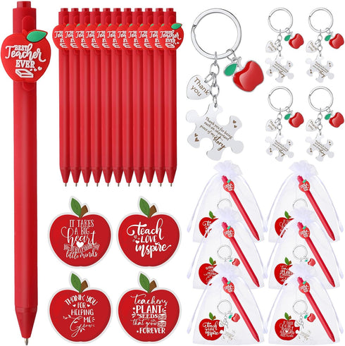 Teacher Appreciation Gifts, Apple Ballpoint Pens, Puzzle Apple Keychain with Card and Gift Bags for Teacher Gifts