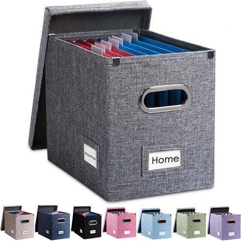 PRANDOM File Organizer Box - Set of 1 Collapsible Decorative Linen Filing Storage with Lids, Letter Size Grey