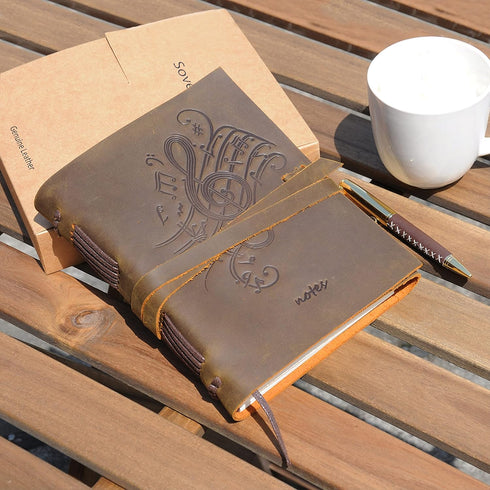 Leather Bound Journal for Men and Women, Handmade Gift Set, Music Notes Embossed Journal, Vintage Classic, 300 Pages