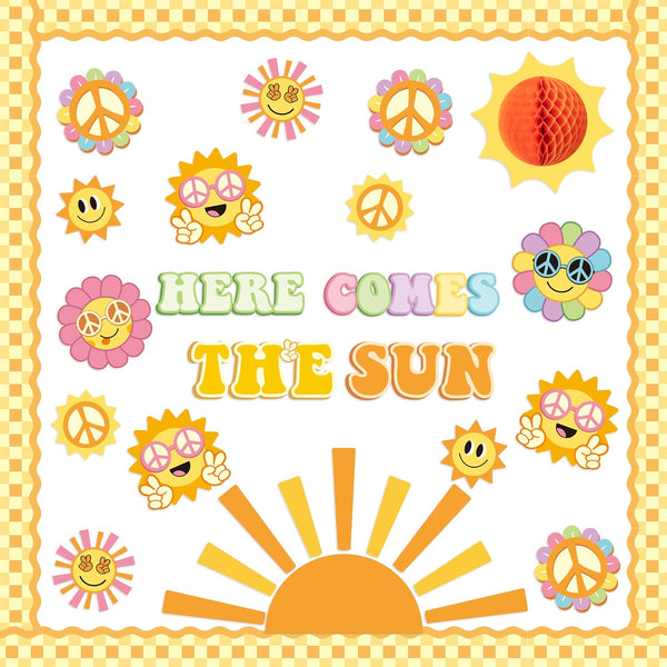 Retro Here Comes The Sun Bulletin Board Decorations, 84Pcs Groovy Hippie Boho Cutouts for Classroom