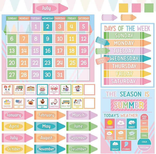 Pastel Crayon Calendar Bulletin Board Set Pastel Crayon Classroom Cutouts Decoration with