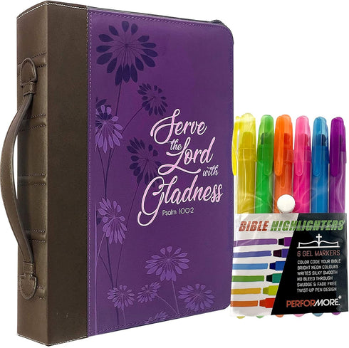 Performore Purple Fashionable Bible Bags for Women with 6 Assorted Gel Highlighter Pens - "Serve The Lord with Gladness"