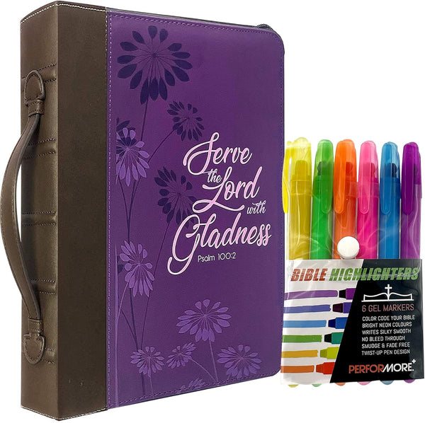 Performore Purple Fashionable Bible Bags for Women with 6 Assorted Gel Highlighter Pens - "Serve The Lord with Gladness"
