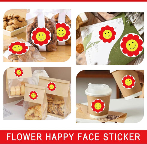 Yellow Face Stickers 2 Inch Red Flower Happy Face Sticker, 500 Round Happy Labels for Teacher Rewards
