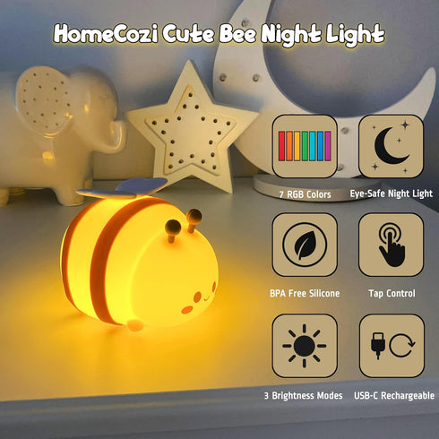 Dimmable Cute Bee Night Light Silicone Rechargeable Touch-Controlled RGB Lamp with Adjustable Brightness & Multiple