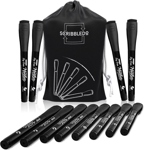 Scribbledo 12 Pack Magnetic Dry Erase Markers, Black Fine Tip with Eraser Cap for Home, School & Office
