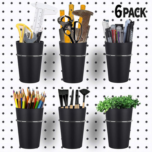 6 Set Ring Style Pegboard Hooks with Pegboard Cups, Black, Stainless Steel & Plastic for Craft Room