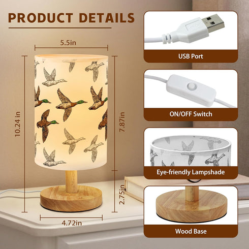 Imvertu Cozy Flying Mallard Duck Bedside Table Lamp for Bedroom with USB Port, Funny Kids Nightstand Lamp with Wood