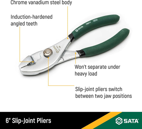 SATA 6-Inch Slip-Joint Pliers, Chrome Vanadium Steel Body, with Green Handles and Rivet Joint Assembly - ST70511ST by SATA