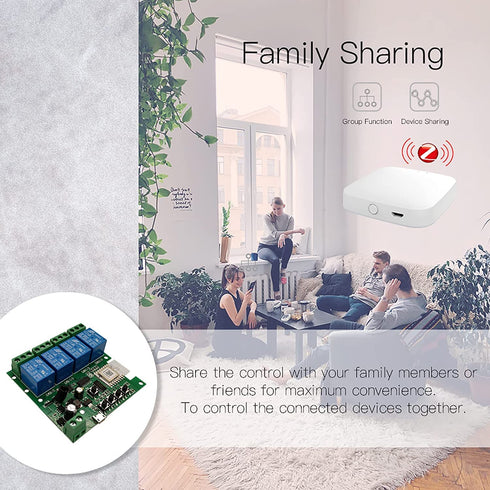 Zigbee Tuya Smart 4 Channel Smart Relay Module, 433RF Remote Control, USB 5V 7-32V, Jog/Lock Switch, Compatible with