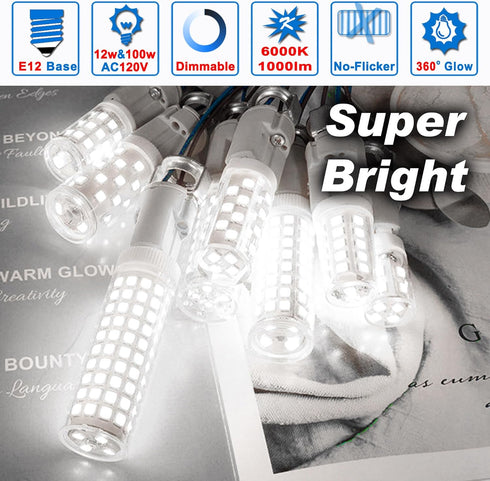E12 100w Dimmable Bulbs C7,6000K White,1000 T6 E12 12W Bulbs Flicker,2 Pack LED Candelabra Replacement Daylight Bright