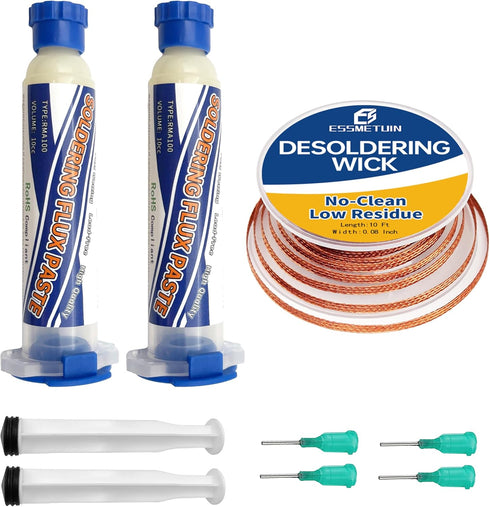 No Clean Soldering Flux Paste & Solder Wick - 10cc/Bottle (2PACK), 10Ft Desoldering Wick Braid Remover