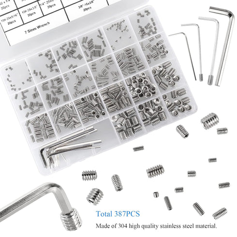 380Pcs 19 Sizes #4-40 to 3/8"-16 UNC Standard SAE Hex Socket Set Screws with 7pcs Hex Keys, Stainless Steel
