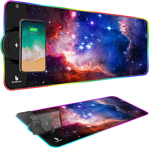 Large Wireless Mouse Pad Charging, 15W Fast Charging, Extended Size, 10 Lighting Modes for Office Mouse Pad - Galaxy