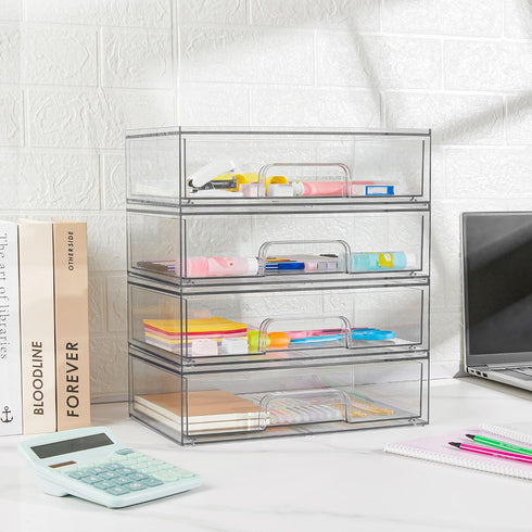 Vtopmart 12''W Clear Stackable Storage Drawers, 3 Pack Acrylic Plastic Organizers for Makeup Palettes, Bathroom, Desk