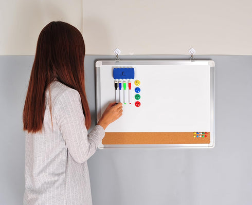 White Board Cork Board Combo, 24x18 in Dry Erase Board with Cork, 1 Magnetic Eraser, 4 Markers, 4 Magnets