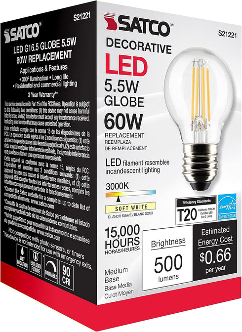 Satco 21221-5.5G16.5/LED/CL/930/120V/E26 G16 Globe LED Light Bulb