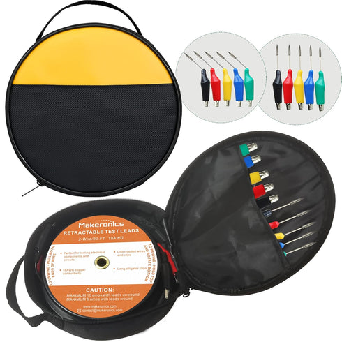 Makeronics 30FT 18AWG Retractable Test Leads with Dual Ended Alligator Clips for Electrical Testing and Troubleshooting