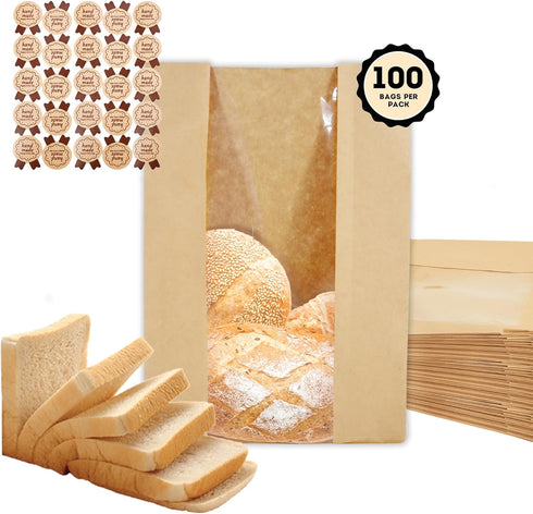 100 Sourdough Bread Bags For Homemade Loaf Kraft Brown Paper Bread Bags with Window and Square Bottom Large Bakery Bag