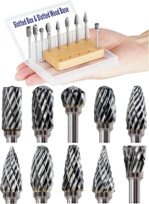 10Pcs 1/8" Shank Carbide Burr Bits Compatible with Dremel, Metal Grinding Bits Wood Stone Carving Kit
